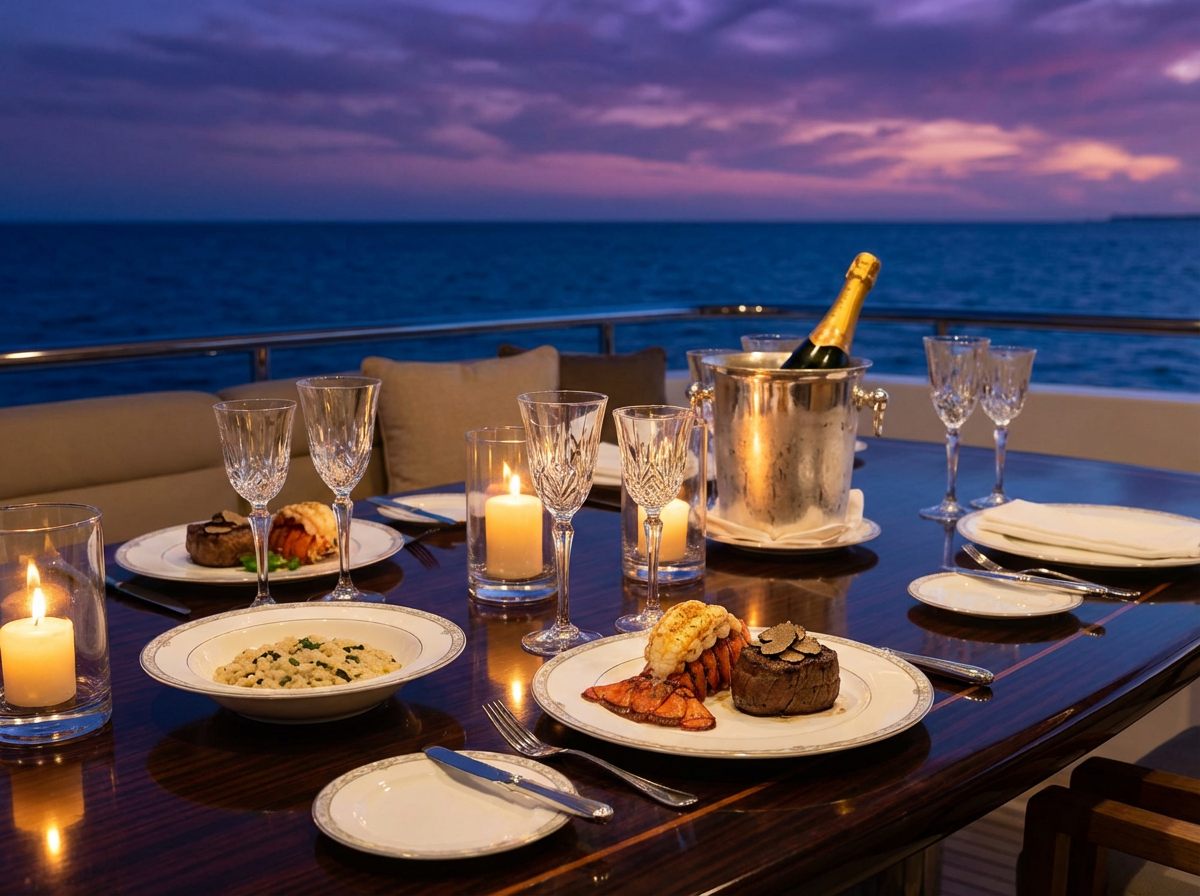 Candlelit table with lobster and champagne at anchor