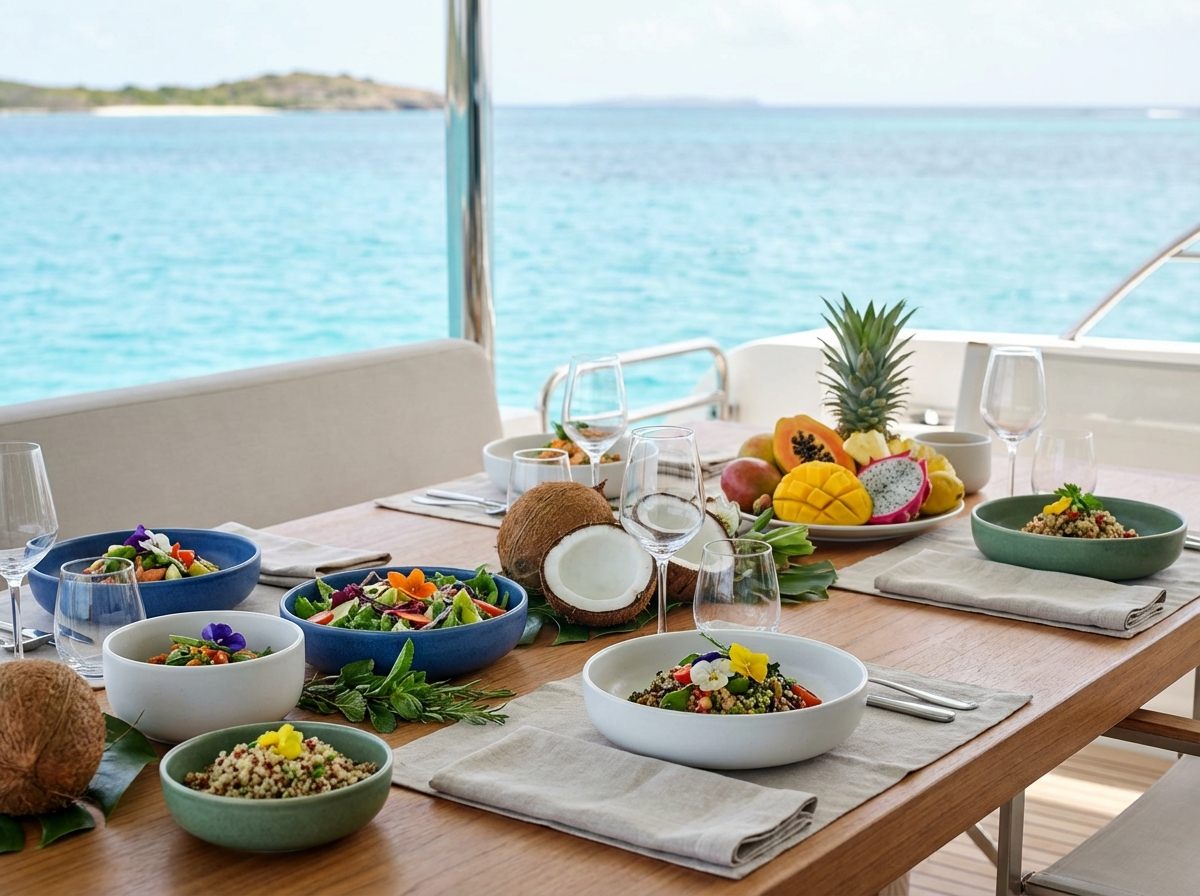 Tropical fruit and fresh juices over turquoise water