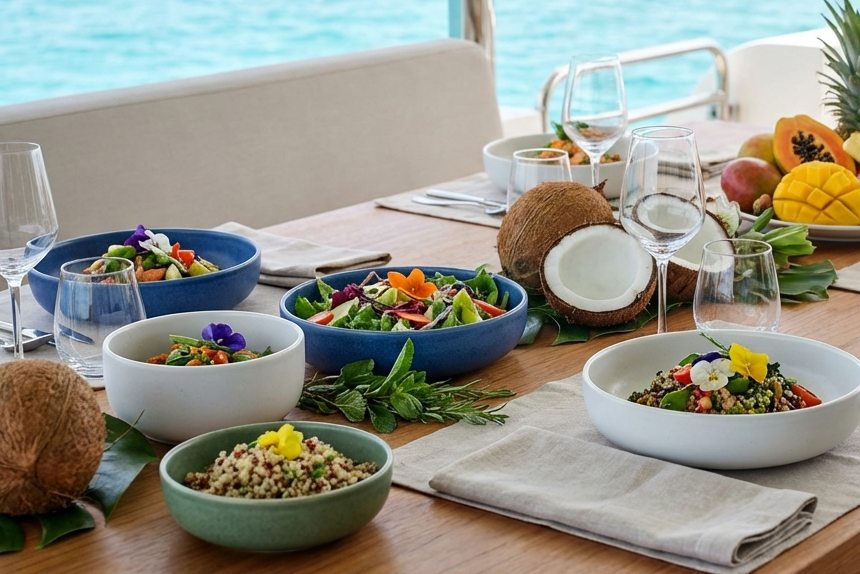 Mixed bowls over turquoise water — every diet at one table